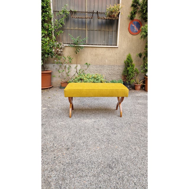 Bench with Light-Colored Crossed Wooden Legs and Yellow Fabric Seat, 1940s For Sale - Image 10 of 10
