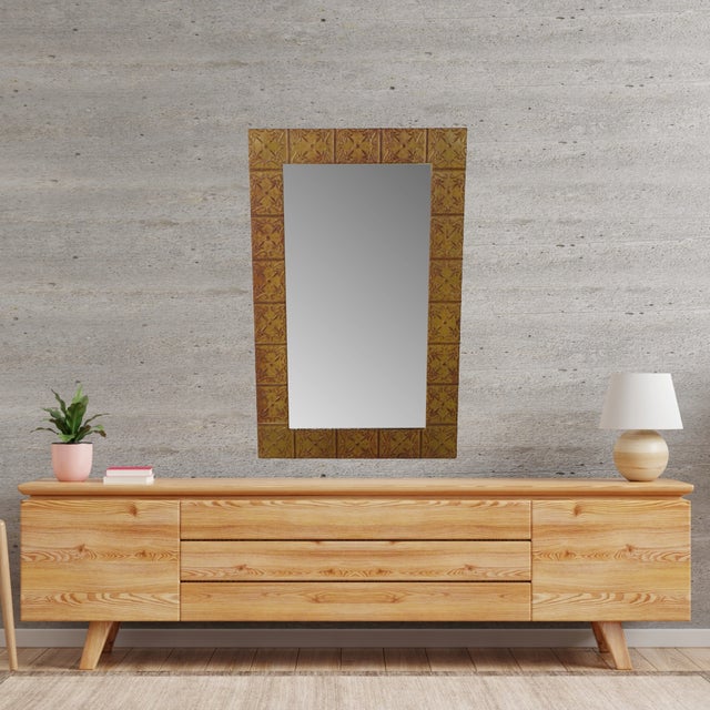 Tan Large Tin Framed Wall Mirror Crafted From Old Ceiling Tiles For Sale - Image 8 of 8