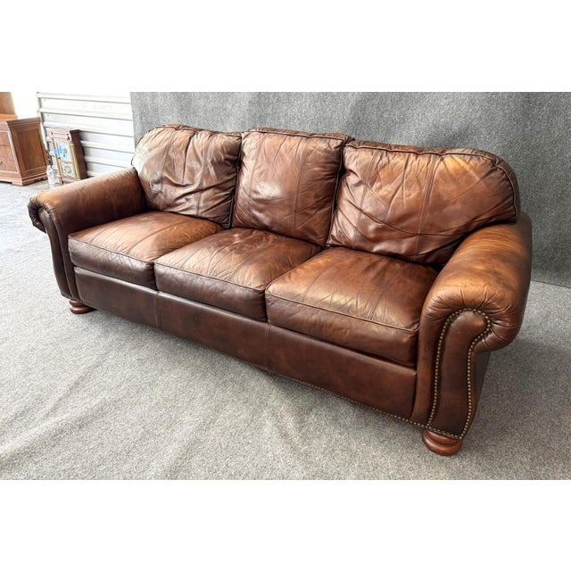 American Thomasville Traditional Brown Leather Sofa For Sale - Image 3 of 18