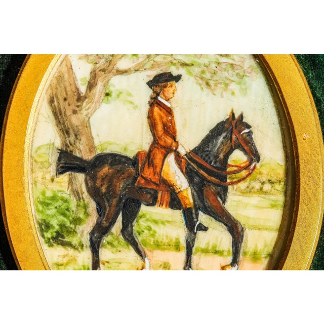 Exquisite Rare Pair Victorian Antique Portrait Miniature Paintings English Country Horse Equestrian Theme For Sale - Image 9 of 16