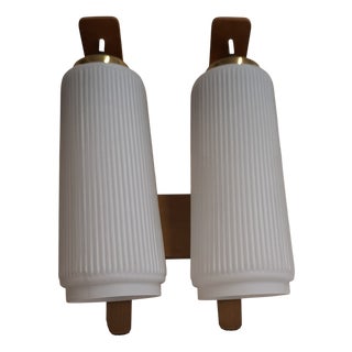 Beech Frame 2-Flame Wall Lamp with Opaque White Glass Shades, 1970s For Sale