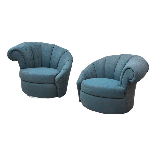 1980s Vintage Hollywood Regency Asymmetric Shell Back Swivel Chairs, Manner of Vladimir Kagan - A Pair For Sale