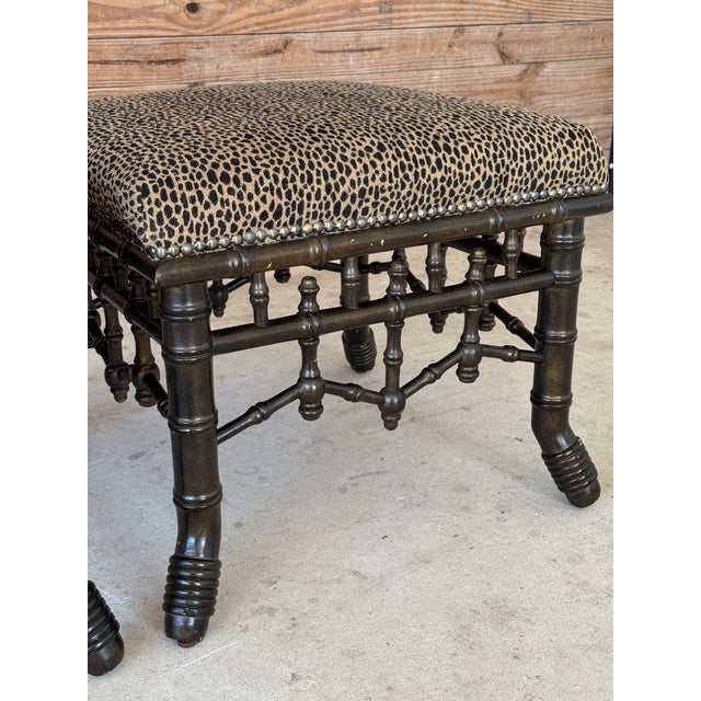 Late 20th Century Vintage Chinoiserie Faux Bamboo Fretwork Ottomans With Leopard Upholstery-Pair For Sale - Image 5 of 12