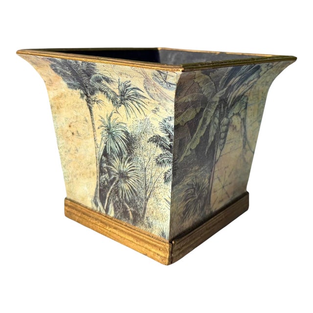 Vintage British Colonial Botanical Decoupage Square Cachepot With Antiqued Gold Trim For Sale