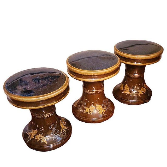 1940s Chinese Koi Fish Ceramic Glazed Ceramic Garden Stools, Set of 4 For Sale - Image 4 of 5