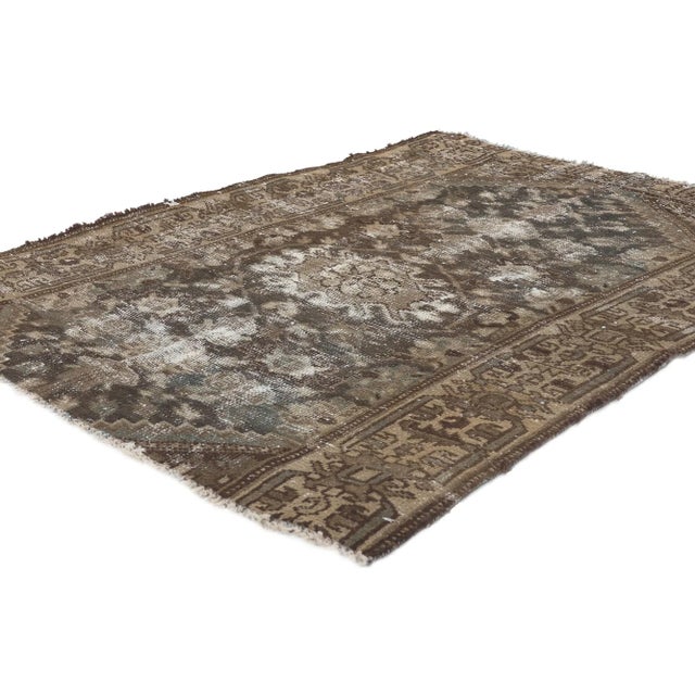 78577 Distressed Antique Worn Persian Hamadan Rug, 03'01 x 04'01. Weathered finesse meets rustic sensibility in this...