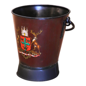 Early 20th Century English Hand-Painted Iron Fire or Coal Bucket With Crest