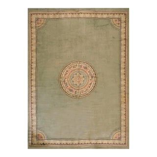 1900s Green Asparagus Medallion Antique Irish Donegal Arts & Crafts Rug 12'6" X 18' Knotted Wool Carpet For Sale