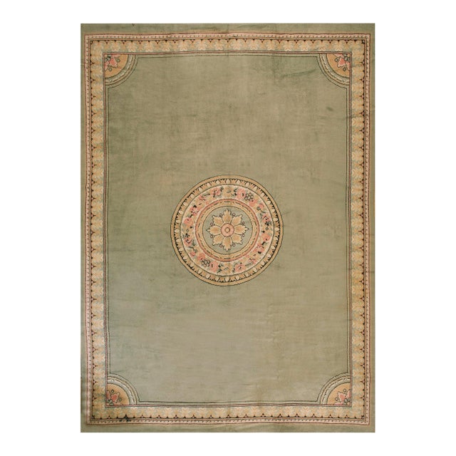 1900s Green Asparagus Medallion Antique Irish Donegal Arts & Crafts Rug 12'6" X 18' Knotted Wool Carpet For Sale