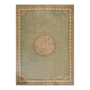 1900s Green Asparagus Medallion Antique Irish Donegal Arts & Crafts Rug 12'6" X 18' Knotted Wool Carpet