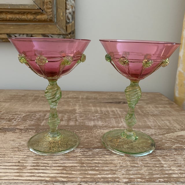 Vintage Salviati Glass Murano Champagne Coupe Glasses a Pair