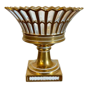 Antique Early 19th Century French Empire Old Paris Porcelain Round Reticulated Basket Compote on Stand White & Gold 1800 Corbeille