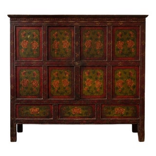 Antique Japanese Wooden Sideboard with Hand-Painted Floral Decorations, 1900 For Sale