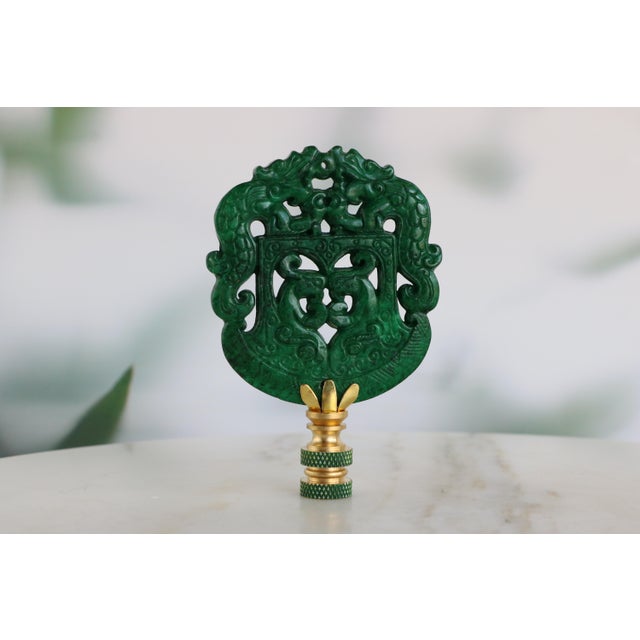 2020s Chinese Archaic Style Carved Stone Lamp Finials on Brass Hardware - A Matching Pair For Sale - Image 5 of 9