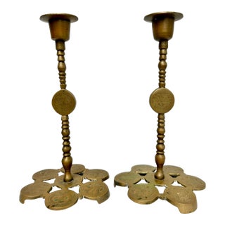 Mid 20th Century Brass Lotus Taper Candle Holders - a Pair For Sale
