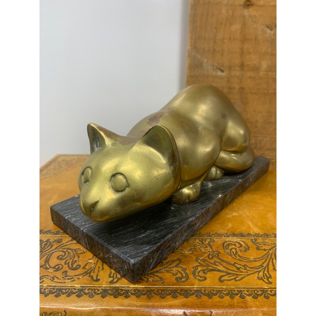 Vintage 1960s Brass Crouching Cat on Black Marble Base