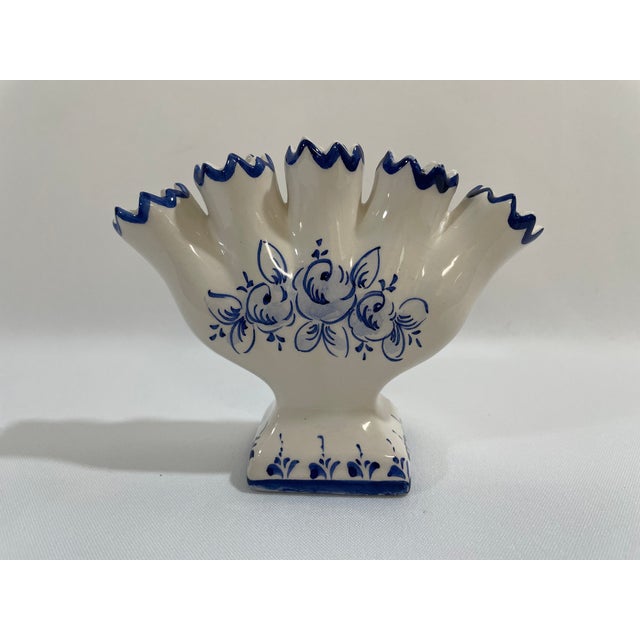 A lovely petite five finger blue and white ceramic Tulip Vase or Tulipiere, circa 1970s. Made in Portugal by the Elpa...