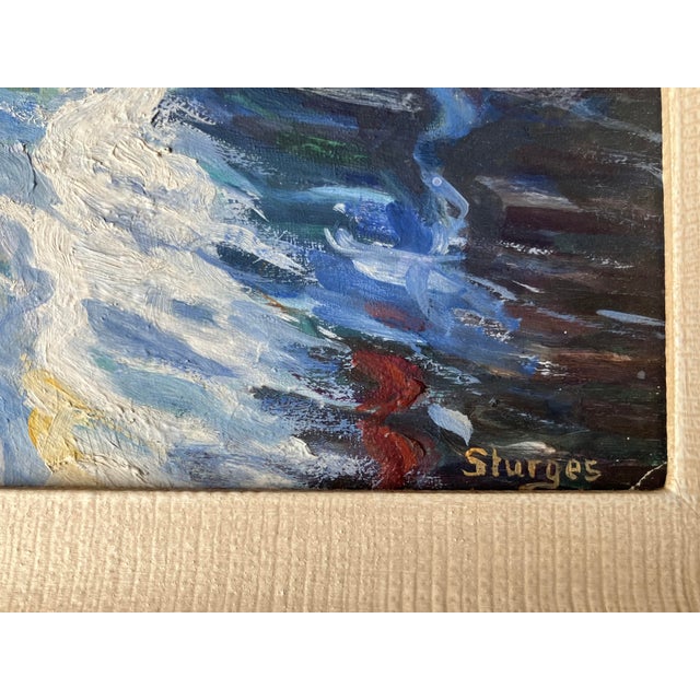 Wood 1960s Dockside Boats, Coastal Oil Painting by Sturges, Signed and Framed For Sale - Image 7 of 10