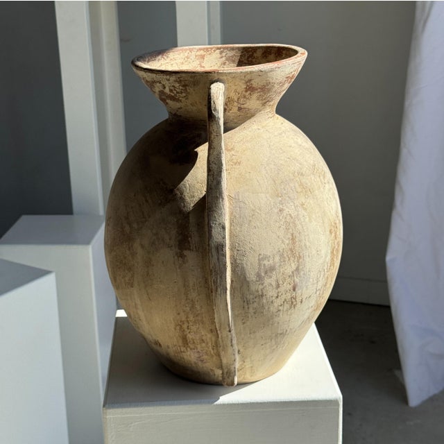 Large Cream-Colored Terracotta Vase with Double Spiral Handles, 1960s For Sale - Image 3 of 11