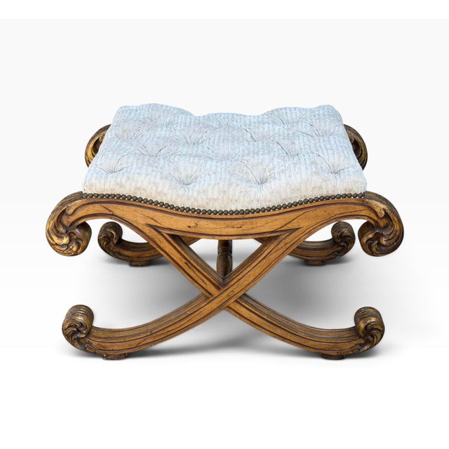 Traditional 18c Style Regency Giltwood & Tufted Cut Velvet Footstool Ottoman X Bench For Sale - Image 3 of 5