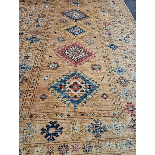 Beige Kazak Handwoven Wool Rug with Multicolor Geometric Patterns on Beige Background For Sale - Image 8 of 15