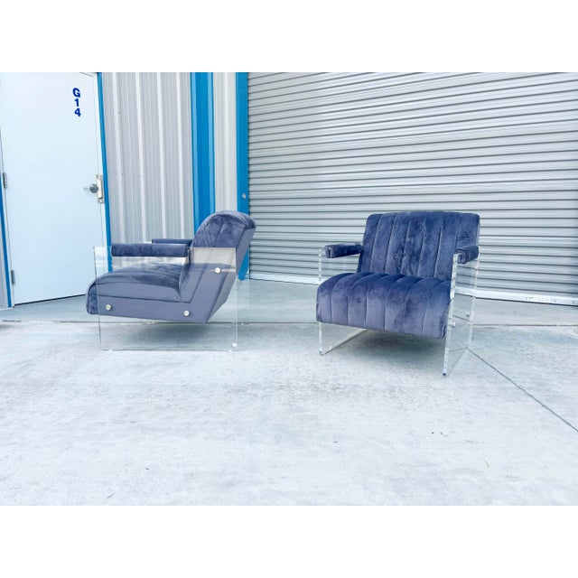 1980s Velvet and Lucite Lounge Chairs For Sale - Image 4 of 14