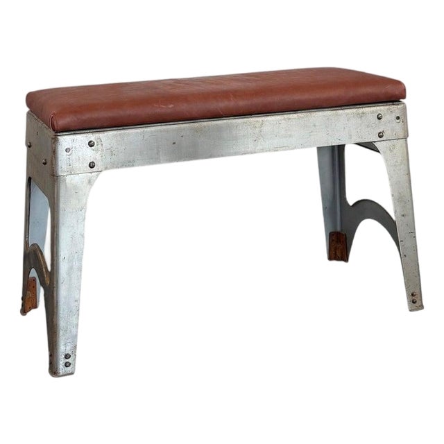 1940s Custom Industrial Brushed Steel and Leather Bench For Sale