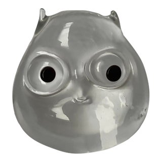 1990s Italian Clear Art Glass Owl Sculpture Paperweight With Black Glass Eyes For Sale