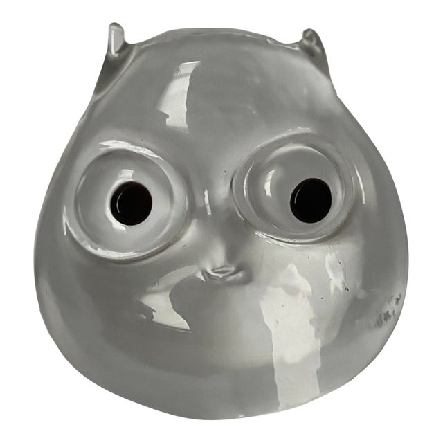 1990s Italian Clear Art Glass Owl Sculpture Paperweight With Black Glass Eyes For Sale