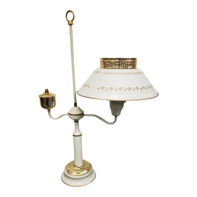 Vintage Mid 20th Century Cream and Brass Metal With Toleware Painted Metal Shade Portable Lamp For Sale