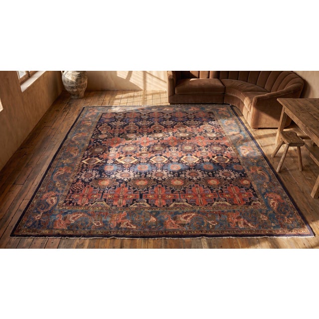 1890s Blue Navy Geometric Tribal Antique Persian Malayer Rug 12' X 13'9" Handknotted Wool Carpet For Sale - Image 9 of 9
