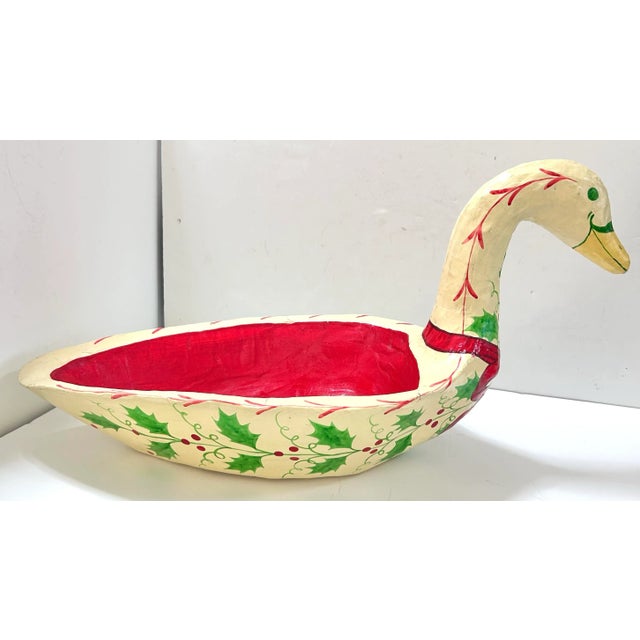 Chinoiserie Vintage Hand-Painted Paper Mâché Christmas Swan Bowl Centerpiece, 24.5" For Sale - Image 3 of 12
