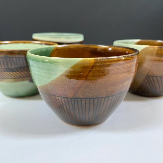 Ceramic Handmade Japanese Style Pottery Tea Cups / Bowls - Set of 4 For Sale - Image 7 of 11