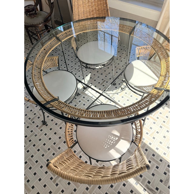 Mid-Century Modern Vintage Dining Set- Wrought Iron & Resin Wicker, Glass Top Table, 4 Chairs Attributed to Arthur Umanoff for Shaver Howard For Sale - Image 3 of 10