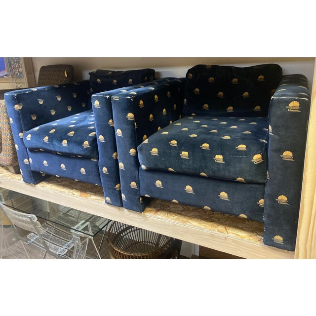 Ink Blue 1980s Pair of Parsons Style Club Chairs in Deep Blue Velvet With an Abstract Sunset Motif Pattern For Sale - Image 8 of 8