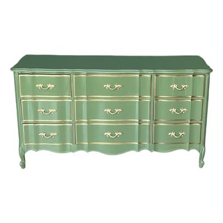 Late 20th Century French Provincial Green Lacquered Dresser of Nine Drawers For Sale