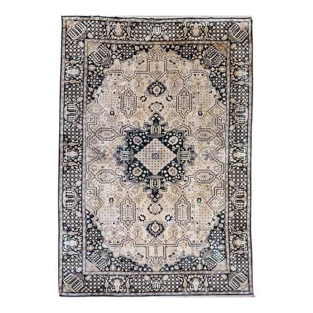 Vintage Indian Silk Rug, Hand-Knotted Geometric Design, 6' x 9' For Sale