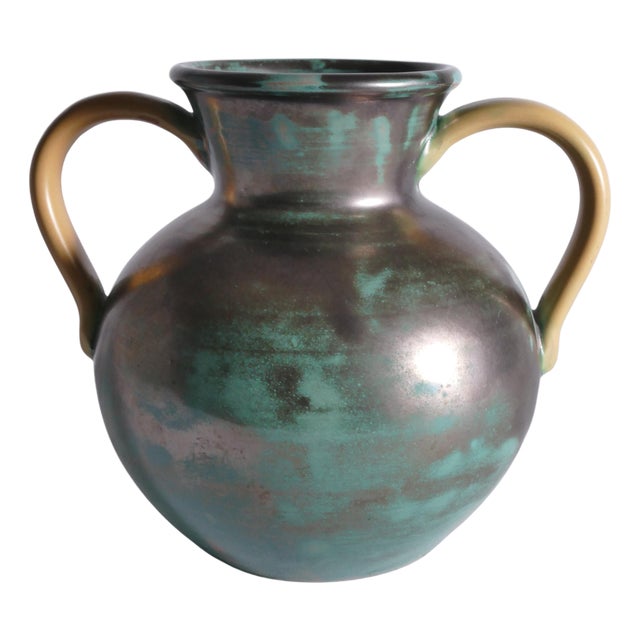 Green Ceramic Vase with Yellow Handles by Anna-Lisa Thomson for Upsala Ekeby, 1930s For Sale