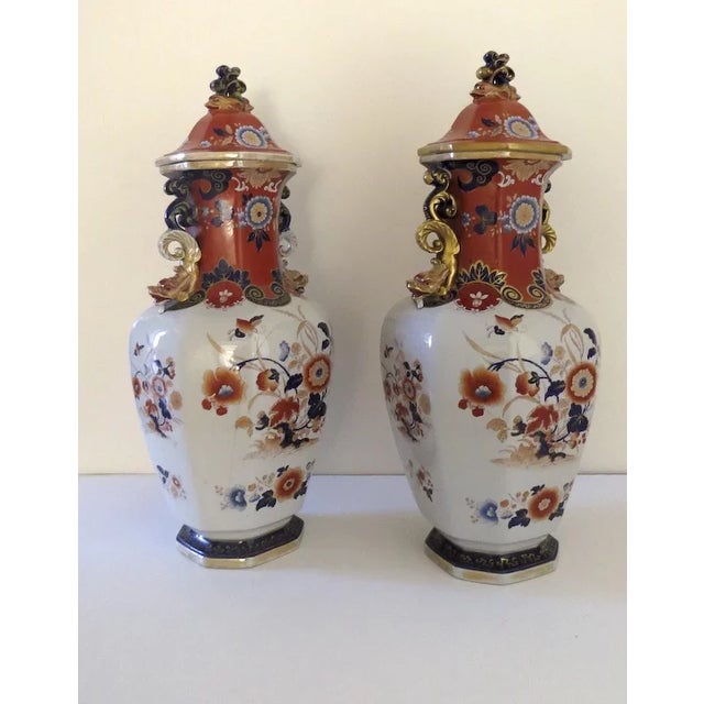 English Pair English Ironstone Lidded Jars Urns Vases 24" Tall by Mortlock C 1860 Dragons Foo Lions (A) - A Pair For Sale - Image 3 of 9