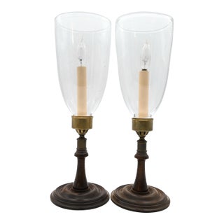 Georgian Style Mahogany & Brass Candlestick Lamps With Hurricane Shades - A Pair For Sale