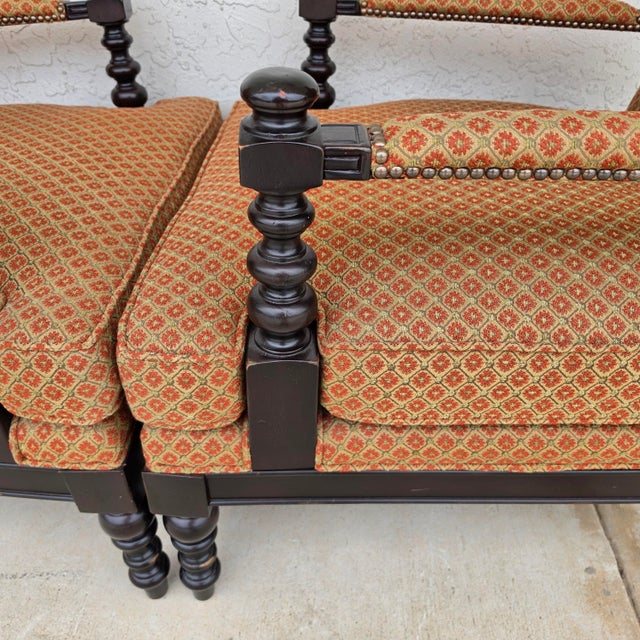 Jacobean Louis XIII Style Bobbin Turned Lounge Armchairs Ebonized Nailhead Pair For Sale - Image 15 of 15