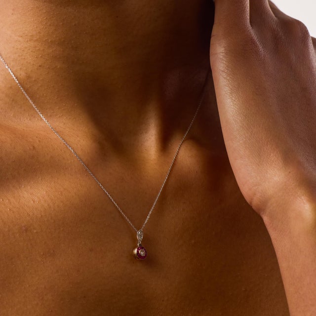 Art Deco Style Diamond Ruby Target Platinum 14k White Gold Pendant Necklace For Sale In Los Angeles - Image 6 of 7