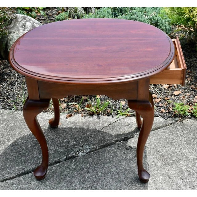 Knob Creek Cherry Oval End Table Vintage Queen Anne Side Drawer 1980s Accent For Sale - Image 10 of 14