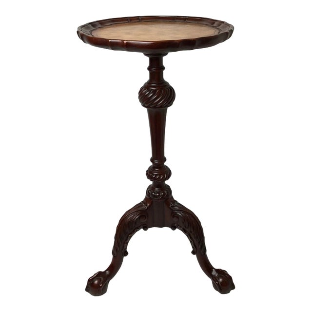 Maitland Smith Mahogany Small Claw and Ball Carved Scalloped Piecrust Embossed Leather Top Table For Sale
