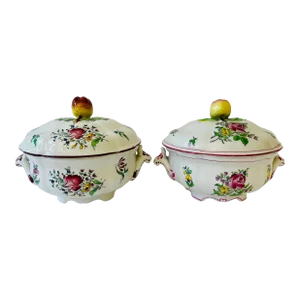 Pair of Antique French Keller & Guerin Luneville Faience Lidded Serving Bowls