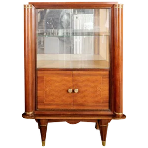French Cherrywood Marquetry Vitrine attributed to Jules Leleu, 1930s