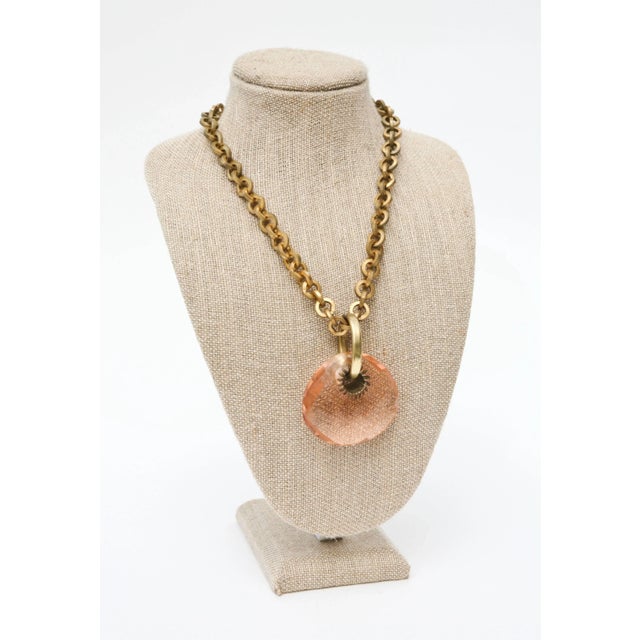Vintage Italian Brass Link Chain and Diamond Faceted Peachy Pink Glass Pendant Necklace For Sale - Image 9 of 10