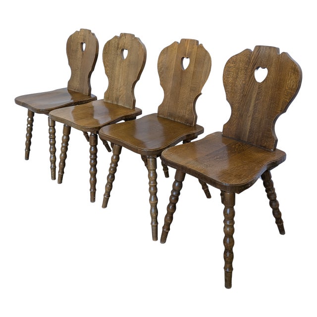 Vintage Tyrolean Farmhouse Heart Cutout Wooden Dining Chairs, 1970s, Set of 4 For Sale