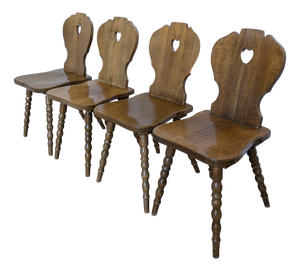 Vintage Tyrolean Farmhouse Heart Cutout Wooden Dining Chairs, 1970s, Set of 4