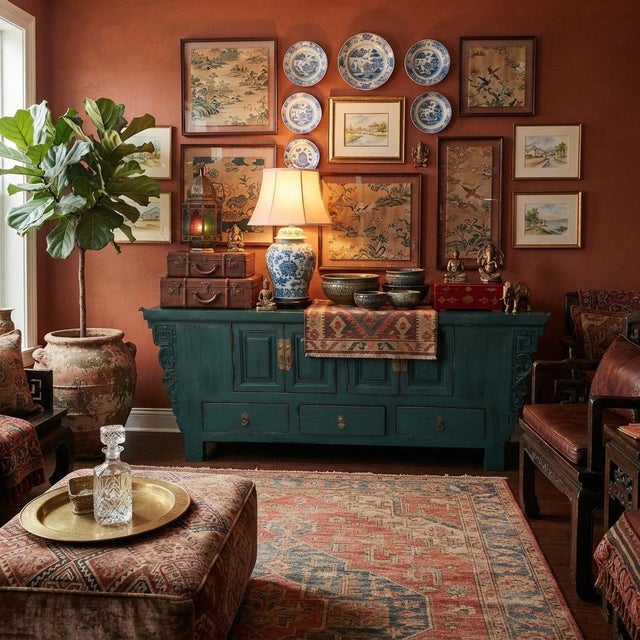 Rustic Asian Style Distressed Rustic Teal Blue Low Tv Console Table Cabinet For Sale - Image 3 of 16